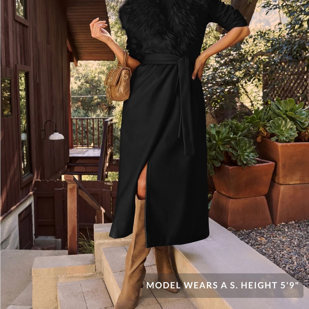 Zara Black long coat with Faux Fur Trim - Picture 6 of 6